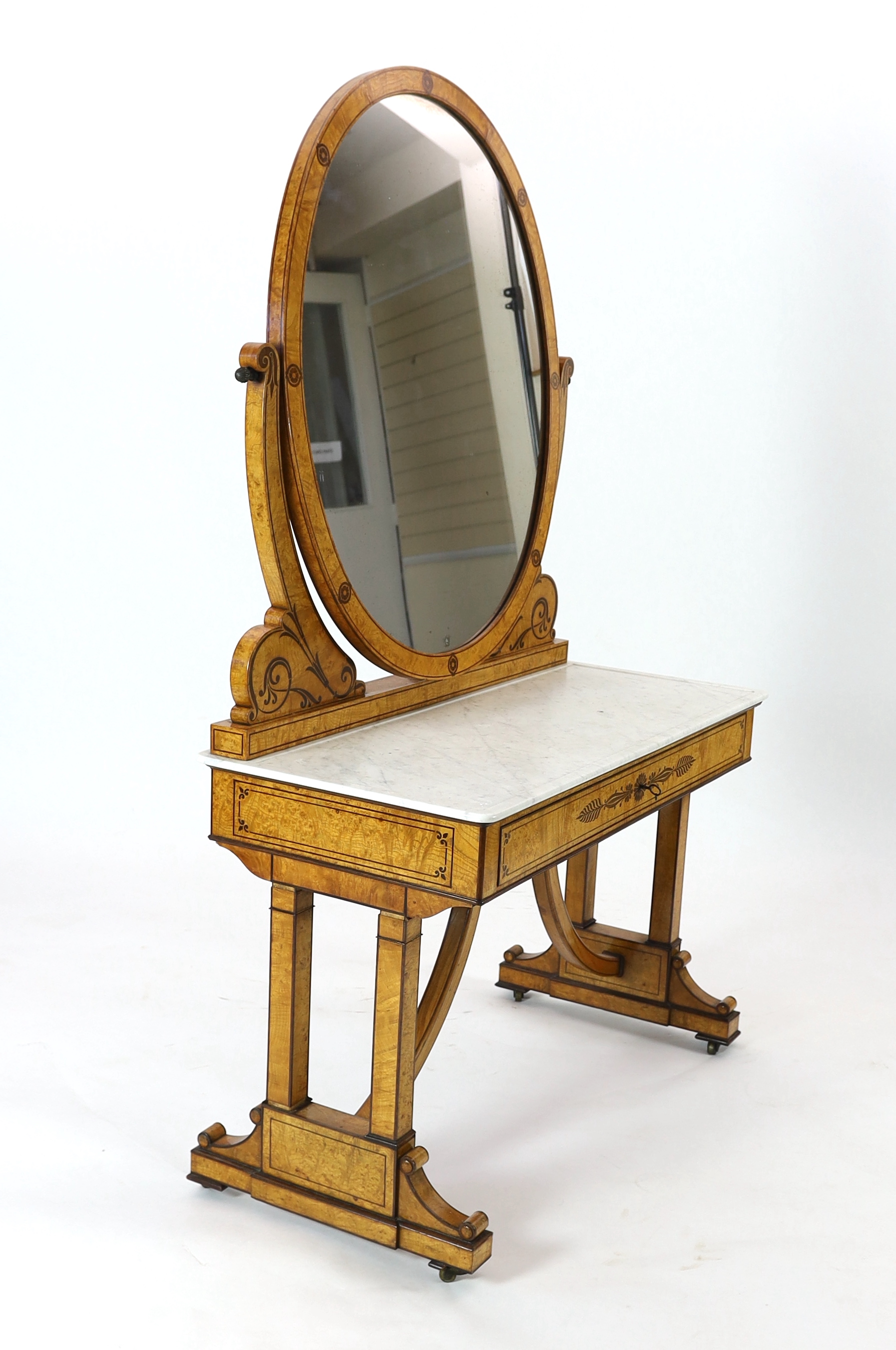 A Victorian Grecian Revival marquetry inlaid pollard oak dressing table, 11cm wide, 53cm deep, 181cm high